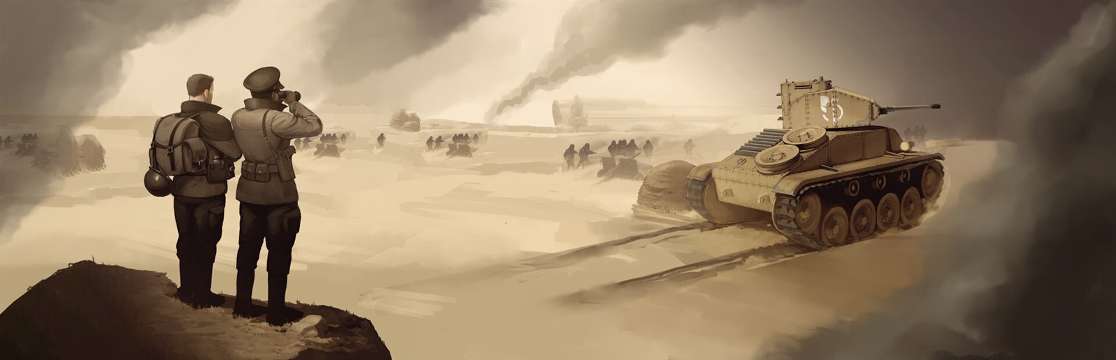 Foxhole key art: two officers on a ridge watch a tank cross a scarred battlefield under a smoke-filled sky